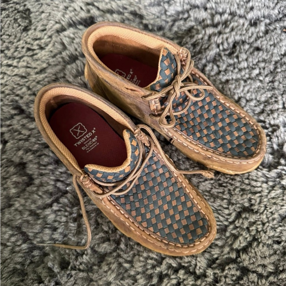 Twisted X Girls Woven Tan and Blue Boat Shoes